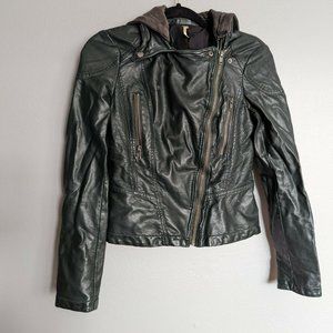 Free People Womens Black Pleather Full Zip Hooded Motorcycle Jacket Size 2